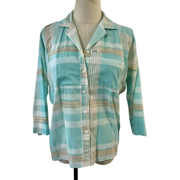 Vintage top 70s 80s Blouse Shirt Button Pastel Blue Brown Bat Wing Plaid CERSE - Picture 5 of 10